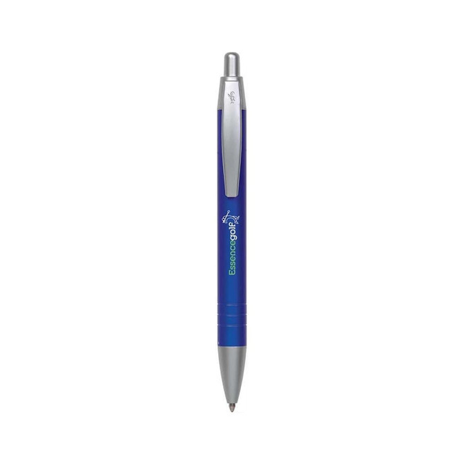 A metal pen in blue with a silver clip and tip, featuring a logo on its body.