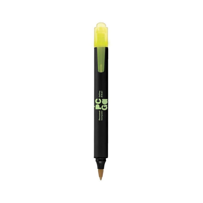 A black pen with a yellow cap, featuring a logo, suitable for various writing tasks.