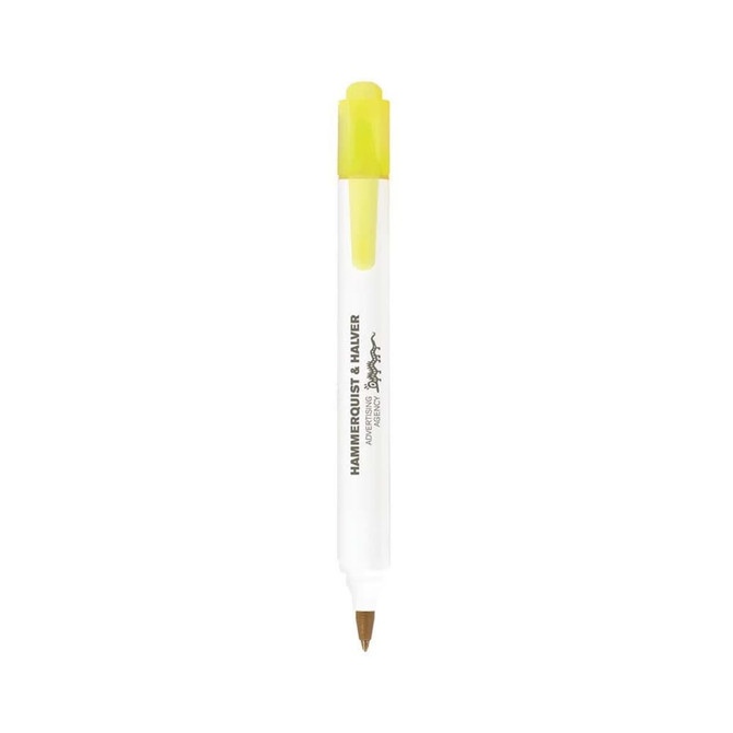 A two-sided pen featuring a yellow cap and a brown writing tip, with a white barrel and branding.