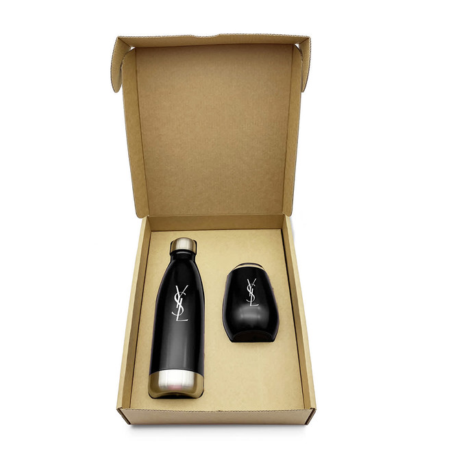 A drink bottle and matching tumbler in black, presented in a brown box with a logo.