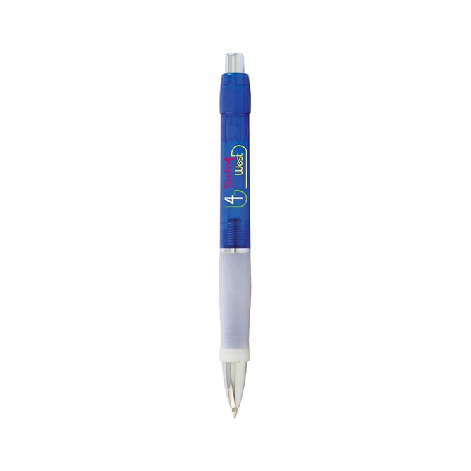 A blue pen with a transparent barrel, featuring a white grip and a branding logo on the side.