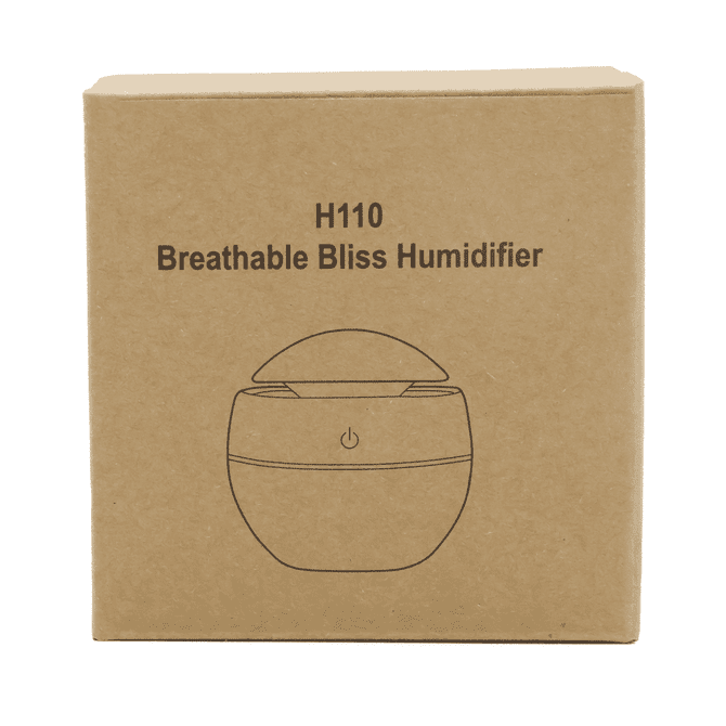 A light brown box with a simplistic illustration of a round diffuser and a logo, labelled "Breathable Bliss Humidifier."