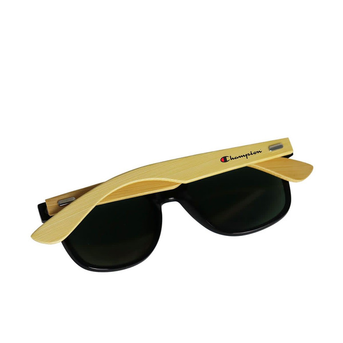 Bamboo sunglasses with black lenses and a timber effect frame, featuring a logo on one side.