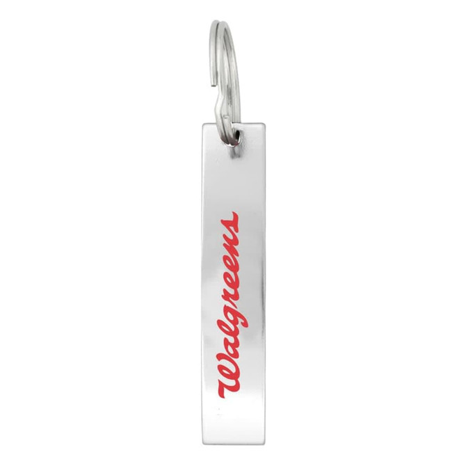 A drink bottle opener in silver with a loop for attachment, featuring a red logo.