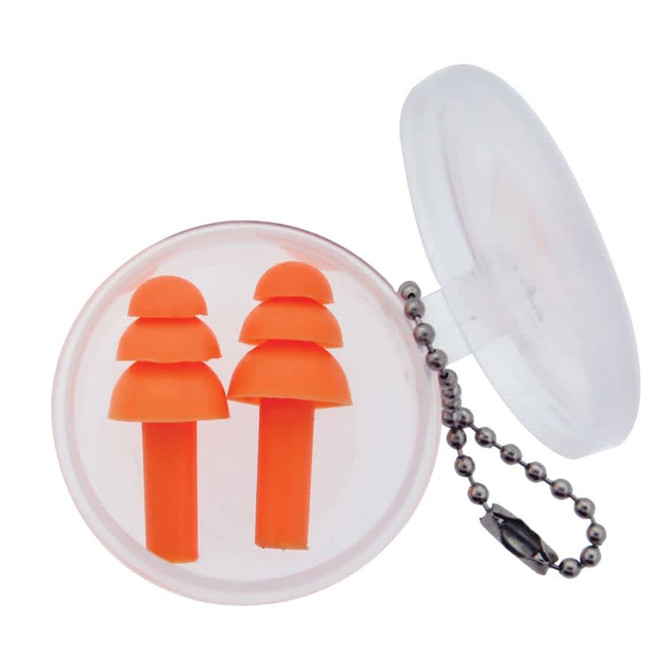 A transparent case containing orange silicone earplugs, attached to a keychain.