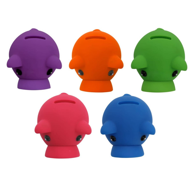 Five colourful money boxes shaped like cute piglets in purple, orange, green, pink, and blue, with black eyes and a logo.