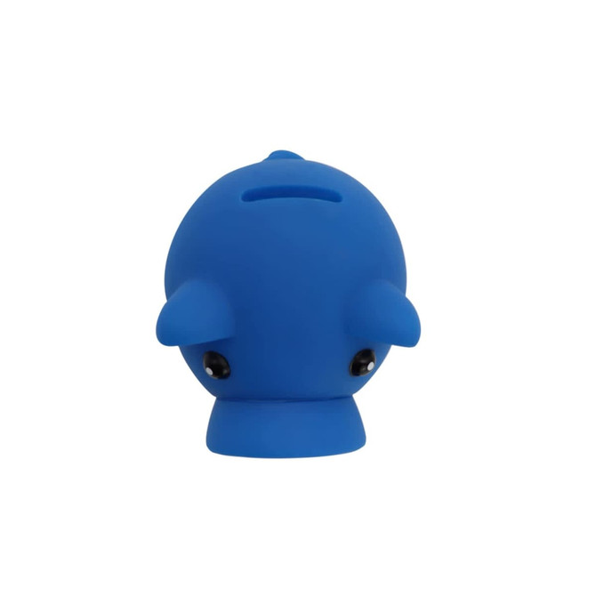 A blue piggy bank in the shape of a piglet with black eyes and a coin slot on top. It features a simple, rounded design.