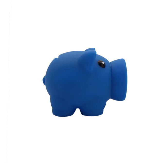 A blue piggy bank in a rounded shape with a small snout and black eyes, featuring a logo on its side.