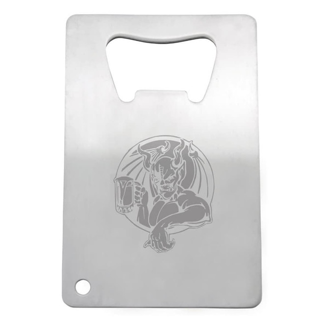 A stainless steel credit card-sized bottle opener features a detailed engraved design on its surface and a circular hole.