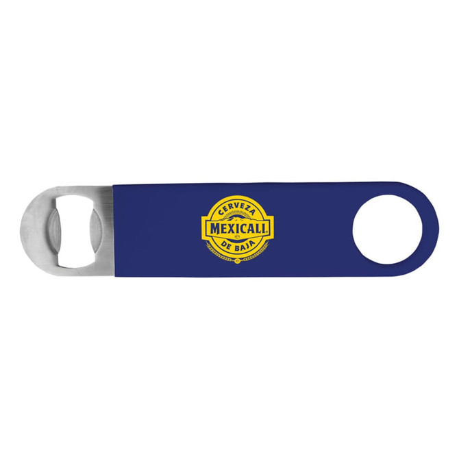 A drink bottle opener in navy blue with a round end and a metallic bottle cap opener, featuring a logo.