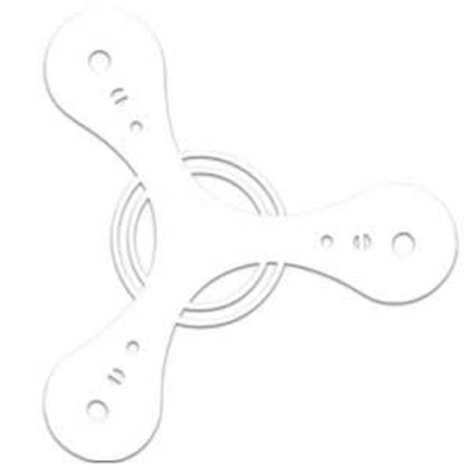 A white, three-armed tripod boomerang with a central ring and small holes on each arm.