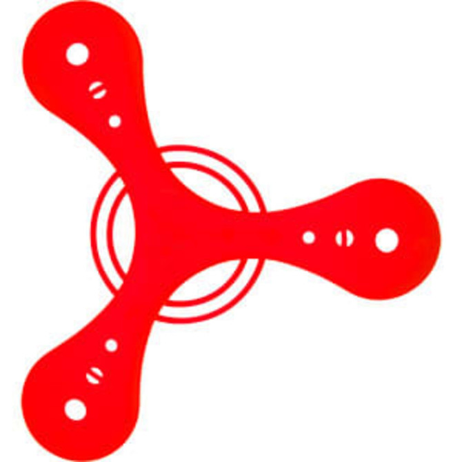 A red tripod boomerang with three curved arms and circular cutouts, featuring a circular design at the centre.
