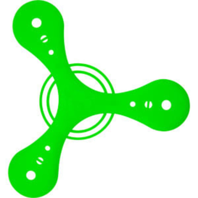 A green Tripod Boomerang with three arms and a central circular design, featuring several holes.