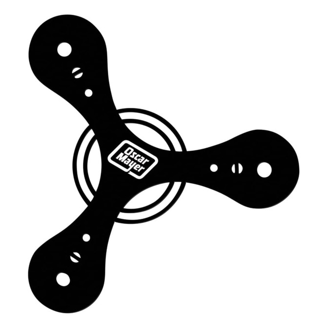 A black tripod-shaped product featuring a circular centre and a logo in the middle.
