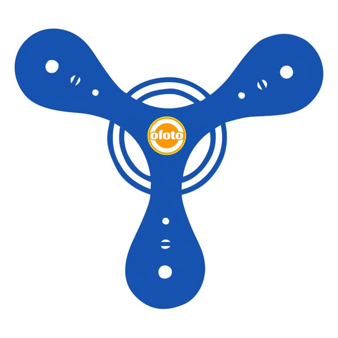 A blue tripod-shaped promotional product with circular design elements and a logo in the centre.
