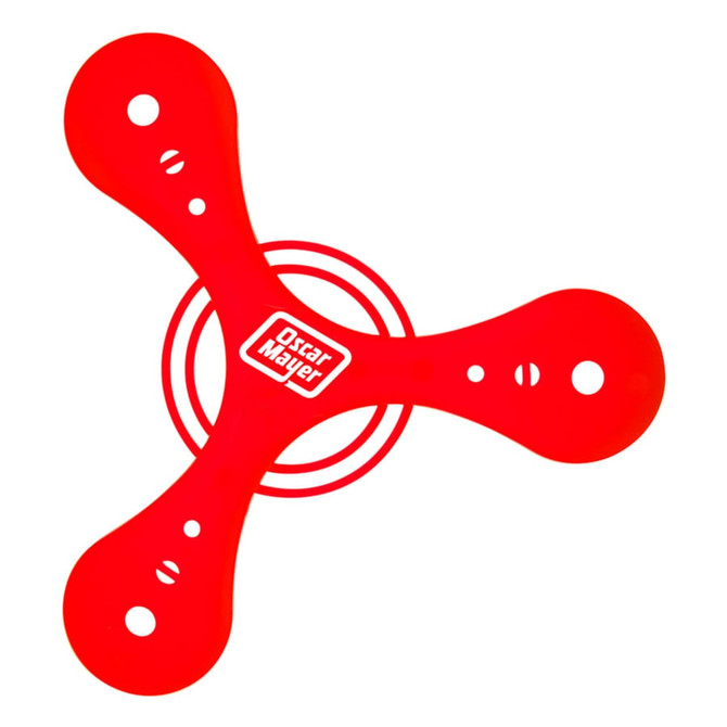 A red Tripod Boomerang with three elongated arms and a central circular design, featuring a logo.
