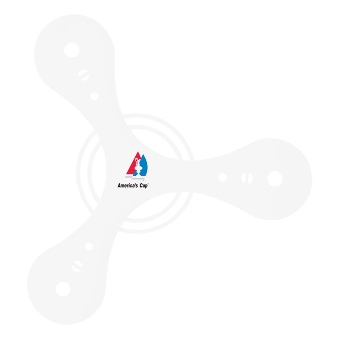 A white tripod boomerang with a central circle and a small logo in the centre.