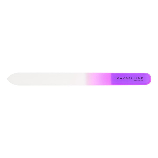A glass nail file with a white to purple gradient and a branding logo.