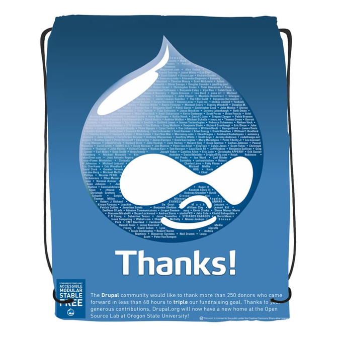 A blue drawstring backpack featuring a water droplet design and a logo, with a thank you message.