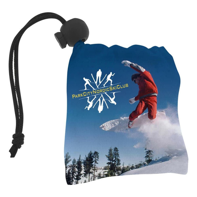 A blue pouch with a drawstring, featuring an image of a snowboarder and a logo.