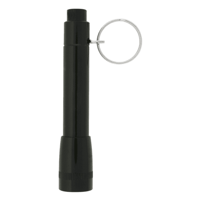 A black flashlight with a keyring attachment and a textured grip. It features a sleek, cylindrical design.