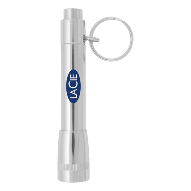 A silver flashlight with a keyring attachment and a logo. Compact design suitable for easy carry.