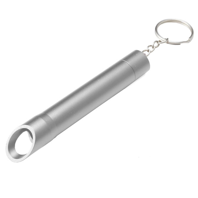 A drink bottle opener keychain in silver colour with a sleek cylindrical design and a metal keyring attached.
