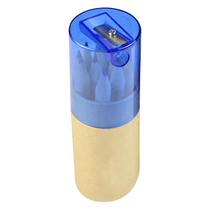 A 2 in 1 pencil set featuring several coloured pencils with a blue and gold casing, including a built-in sharpener.