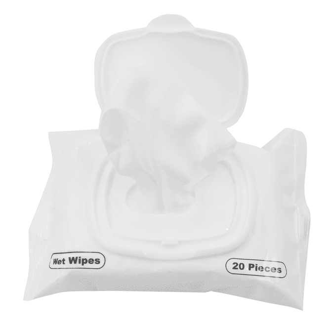 A packet of antibacterial wet wipes with a white flip-top lid, containing 20 pieces.