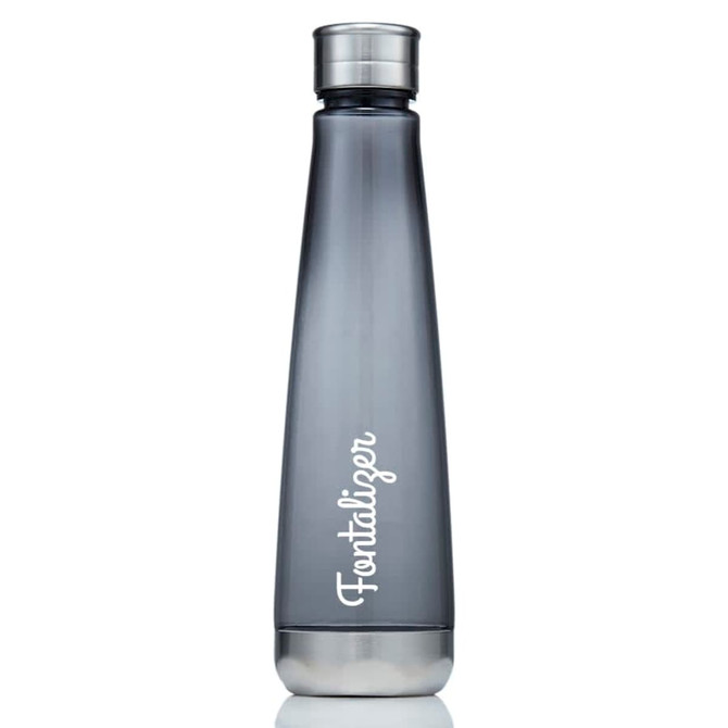 A drink bottle in a sleek grey design with a metallic top and a logo visible on the body.