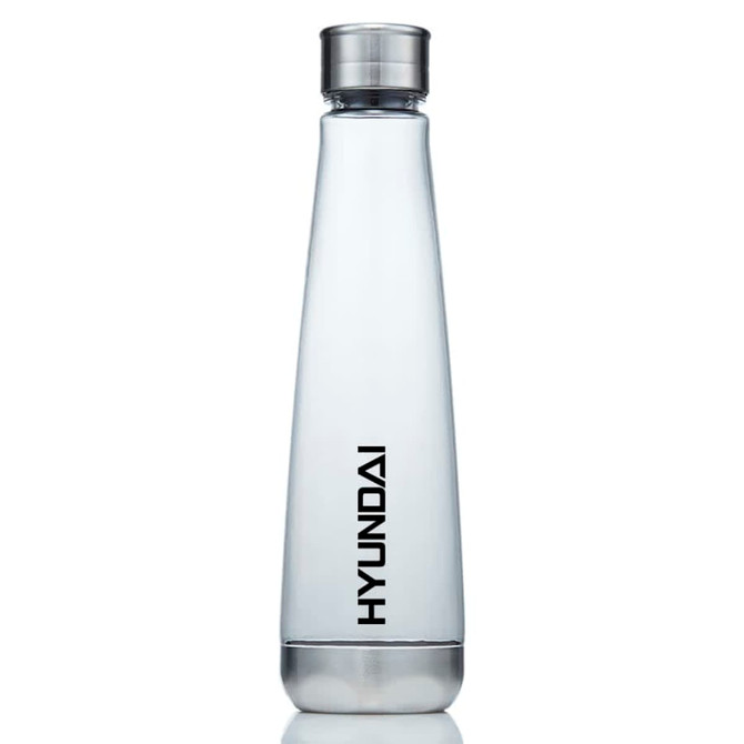 A drink bottle made of clear Tritan with a stainless steel cap and a branded logo on the side.