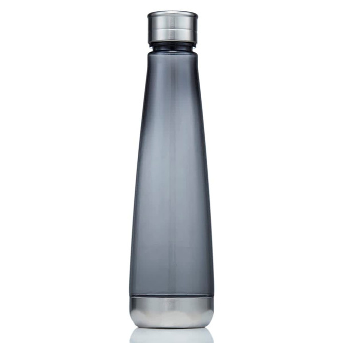 A drink bottle made of transparent grey Tritan, featuring a stainless steel lid and base, with a simple, sleek design.