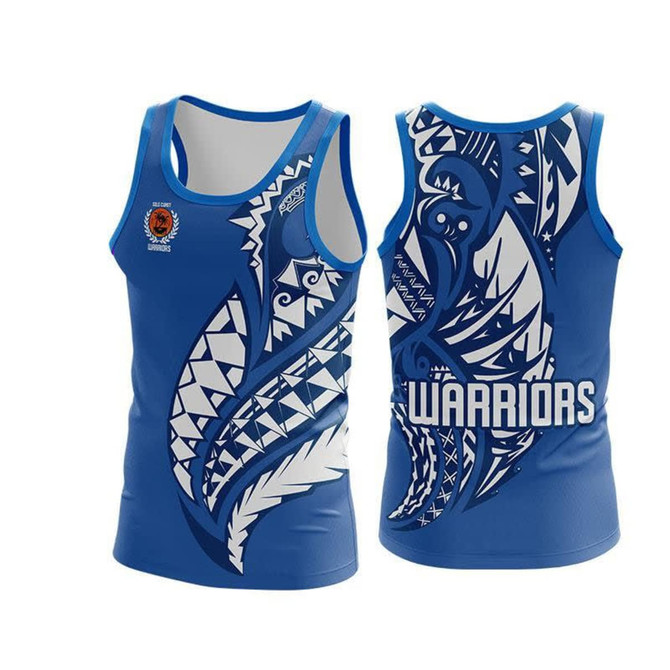 A blue touch football singlet with a tribal design and a logo, featuring the word "WARRIORS" on the back.