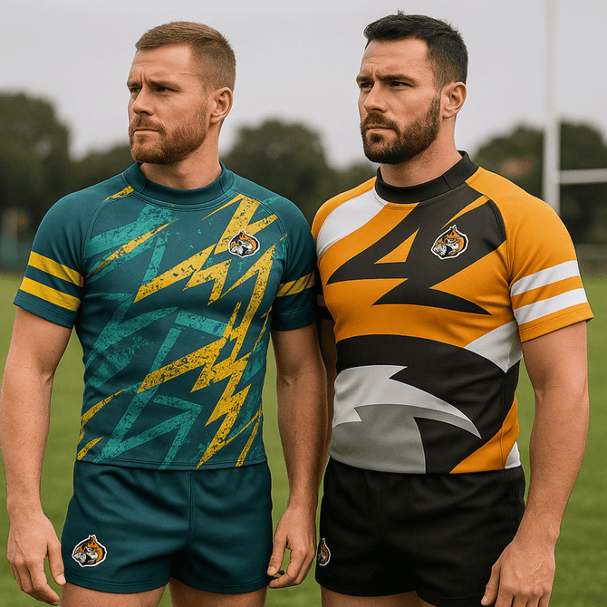 Rugby jerseys in teal and yellow, and black and gold, worn by two men on a sports field. Each has a logo.
