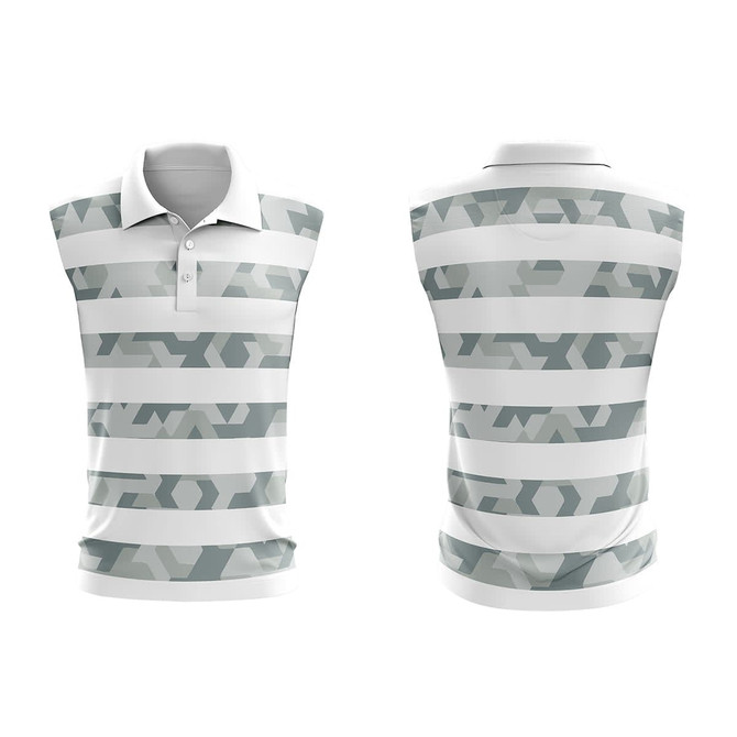 A sleeveless polo shirt featuring a grey and white striped pattern, with a collar and a logo on the front.