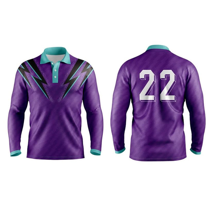 A long sleeve polo shirt in purple with a turquoise collar and a logo featuring lightning stripes, plus the number 22 on the back.