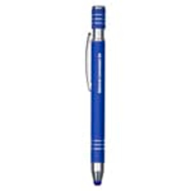 A blue metal pen featuring a silver clip and detailing, with a logo on the surface.