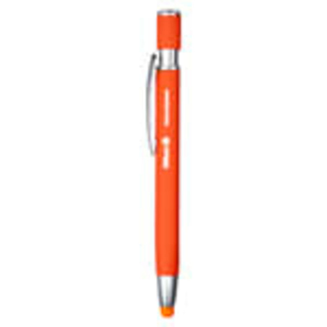 An orange metal pen with a silver clip and a rubber grip. The pen features a logo on its body.
