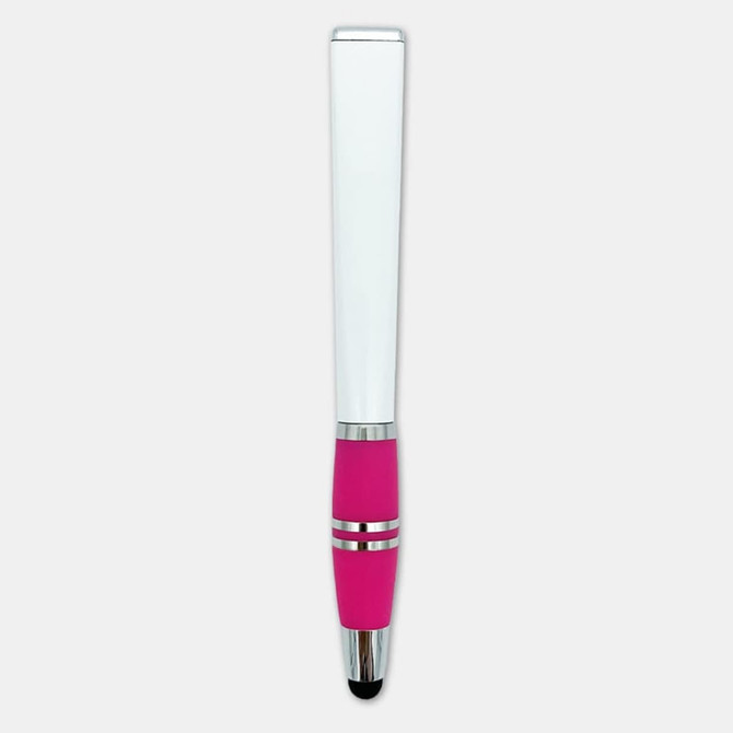 A stylus pen featuring a white upper section and a pink rubber grip, with silver accents and a branding logo.