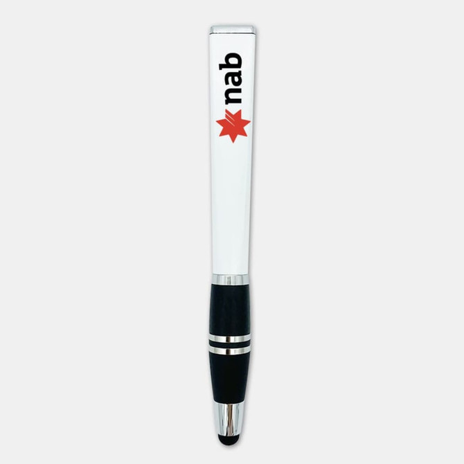 A white stylus pen with a black grip and an emblem on the side. It features a shiny silver top and accents.