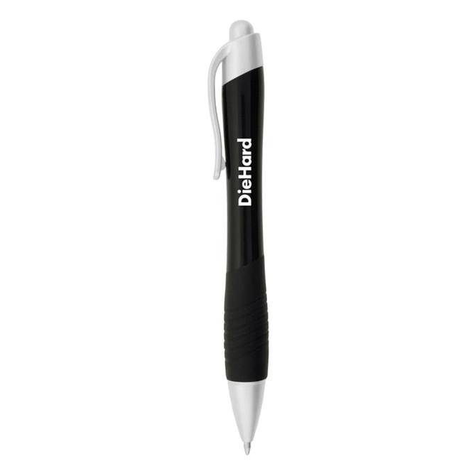 A black and silver metallic pen featuring a textured grip and a logo. Ideal for writing tasks.