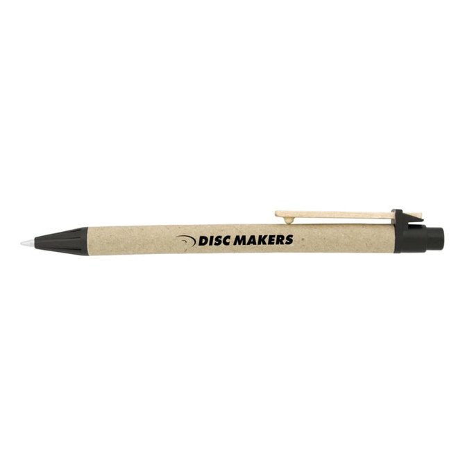 A pen with a beige barrel and black accents, featuring a logo on its side.