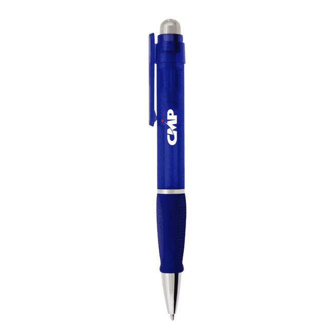 A blue plastic pen featuring a textured grip and a silver clip, with a logo on the body.