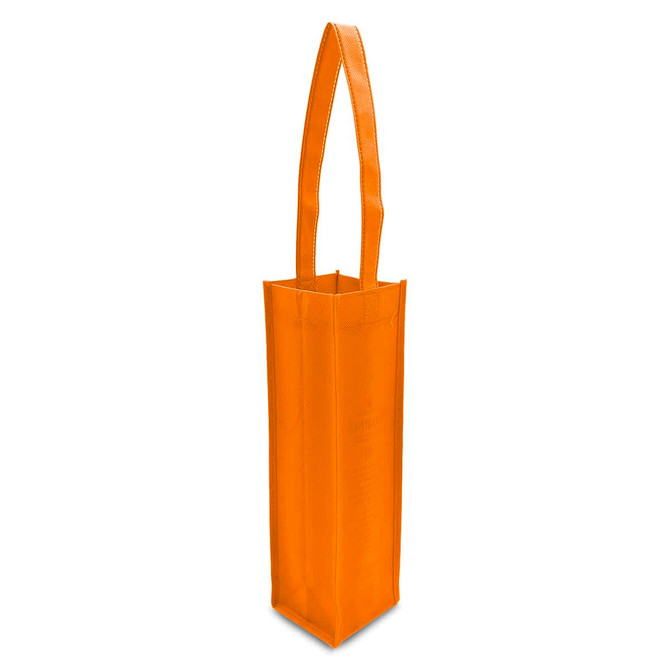 An orange non-woven single wine tote bag with a long handle and a rectangular shape. It features a logo.