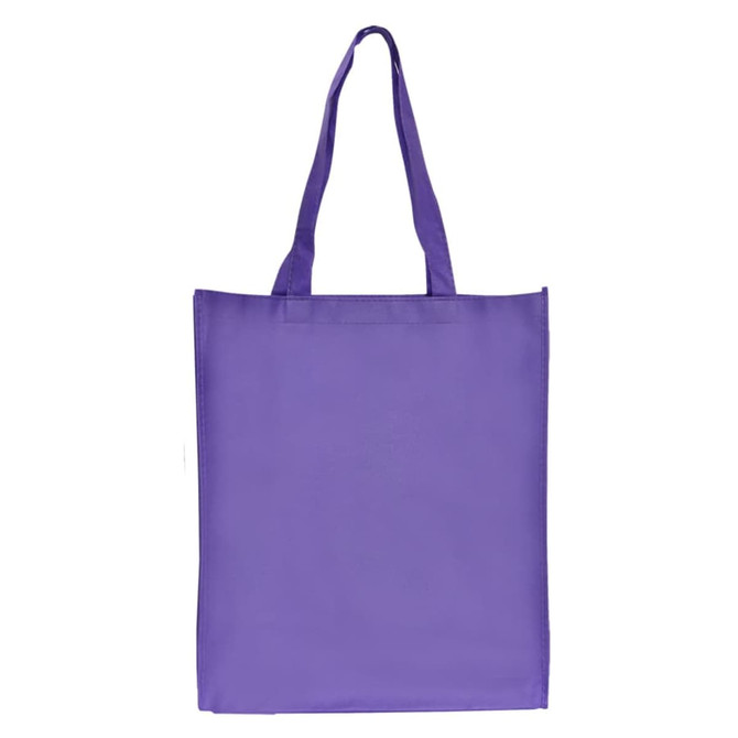 A large purple shopping tote bag with gusset and two sturdy handles. It features a branding logo.
