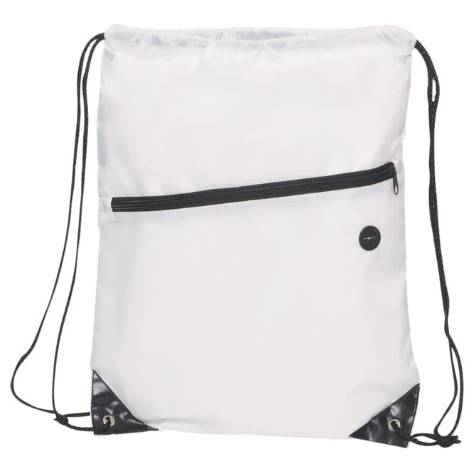 A white drawstring bag with a black zippered pocket and black corners, featuring a logo on one side.