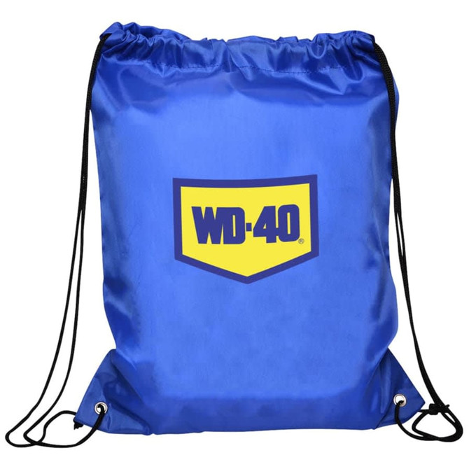 A blue drawstring gym bag with a logo on the front and black cords for closure.