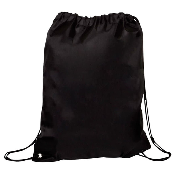 A black gym drawstring bag with adjustable straps and a simple design. It features a logo.