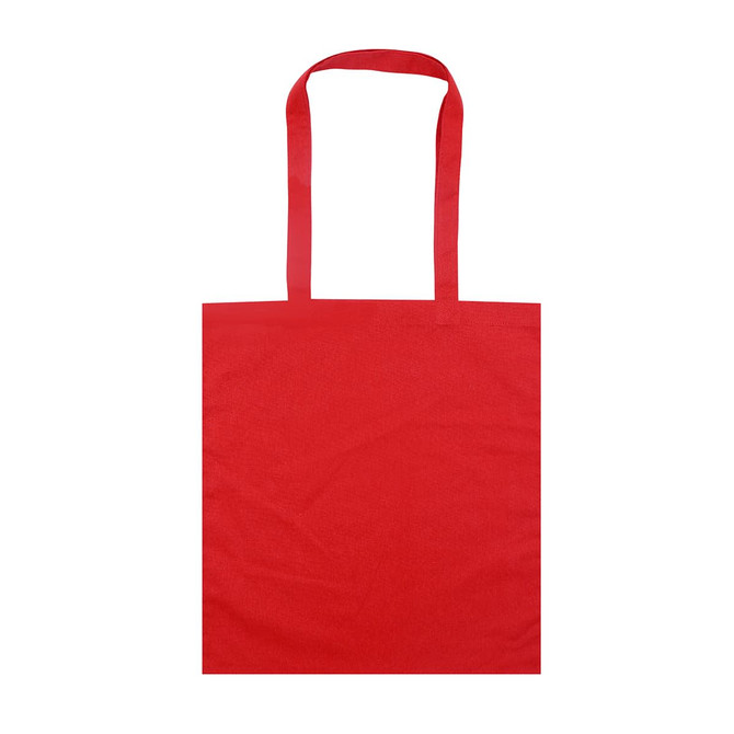 A red calico tote bag with two sturdy handles and no visible logos or text.
