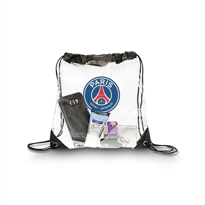 A transparent drawstring bag with black accents contains a phone, toiletries, and other small items. Features a logo.